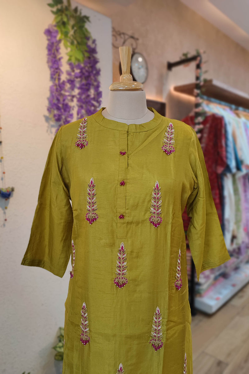 Mehendi yellow Crepe silk Ready Suit with handwork Embroidery