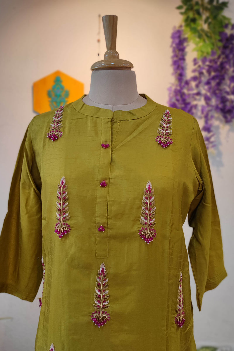 Mehendi yellow Crepe silk Ready Suit with handwork Embroidery