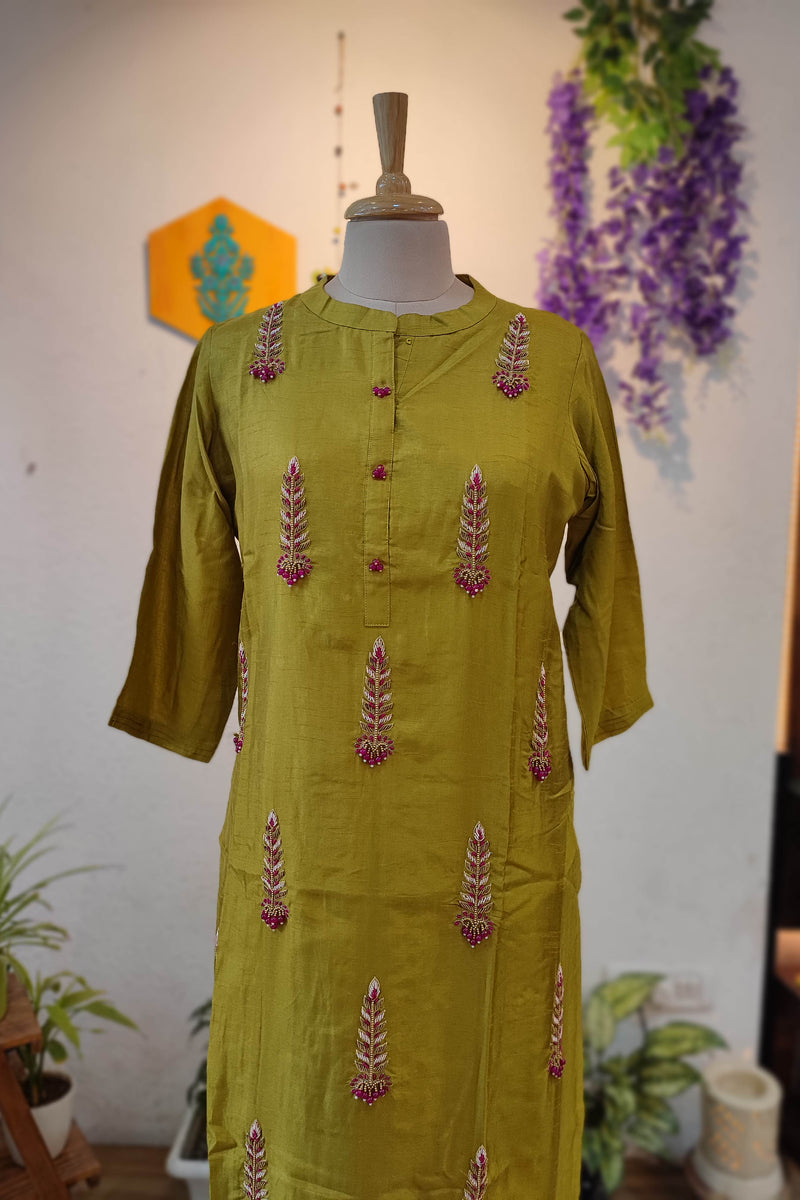 Mehendi yellow Crepe silk Ready Suit with handwork Embroidery
