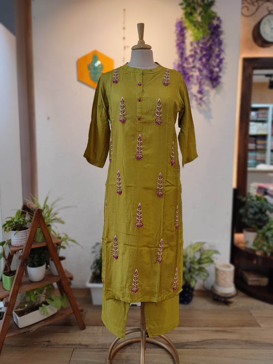 Mehendi yellow Crepe silk Ready Suit with handwork Embroidery