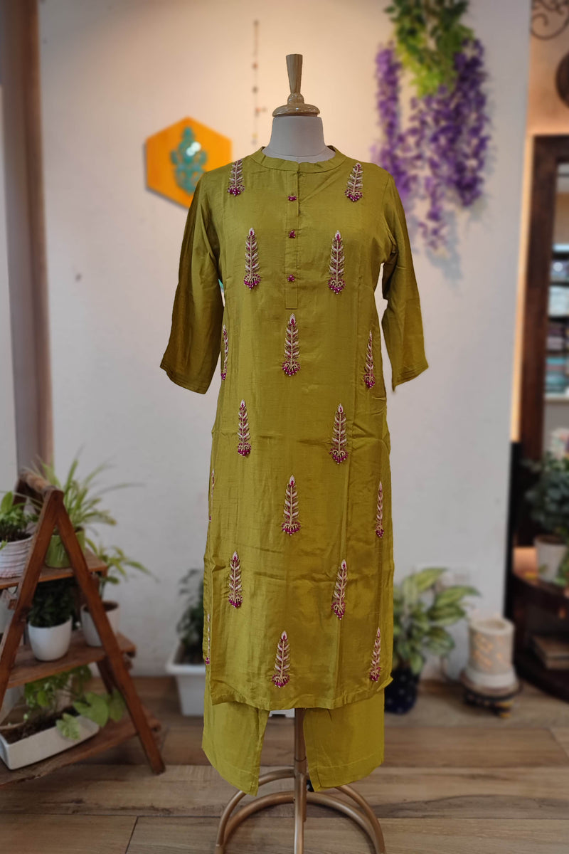 Mehendi yellow Crepe silk Ready Suit with handwork Embroidery