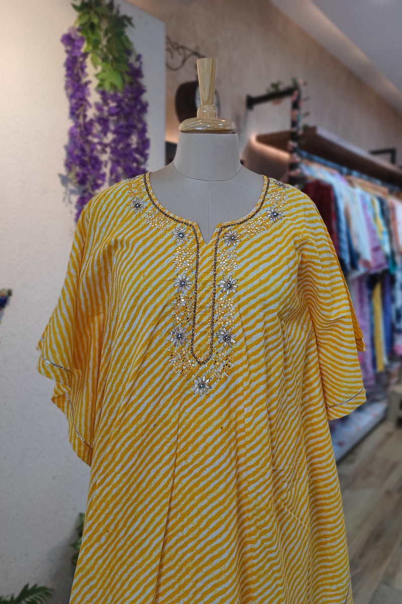 Mustard Yellow Cotton kaftan Ready Suit with Lehariya Print & Embroidery