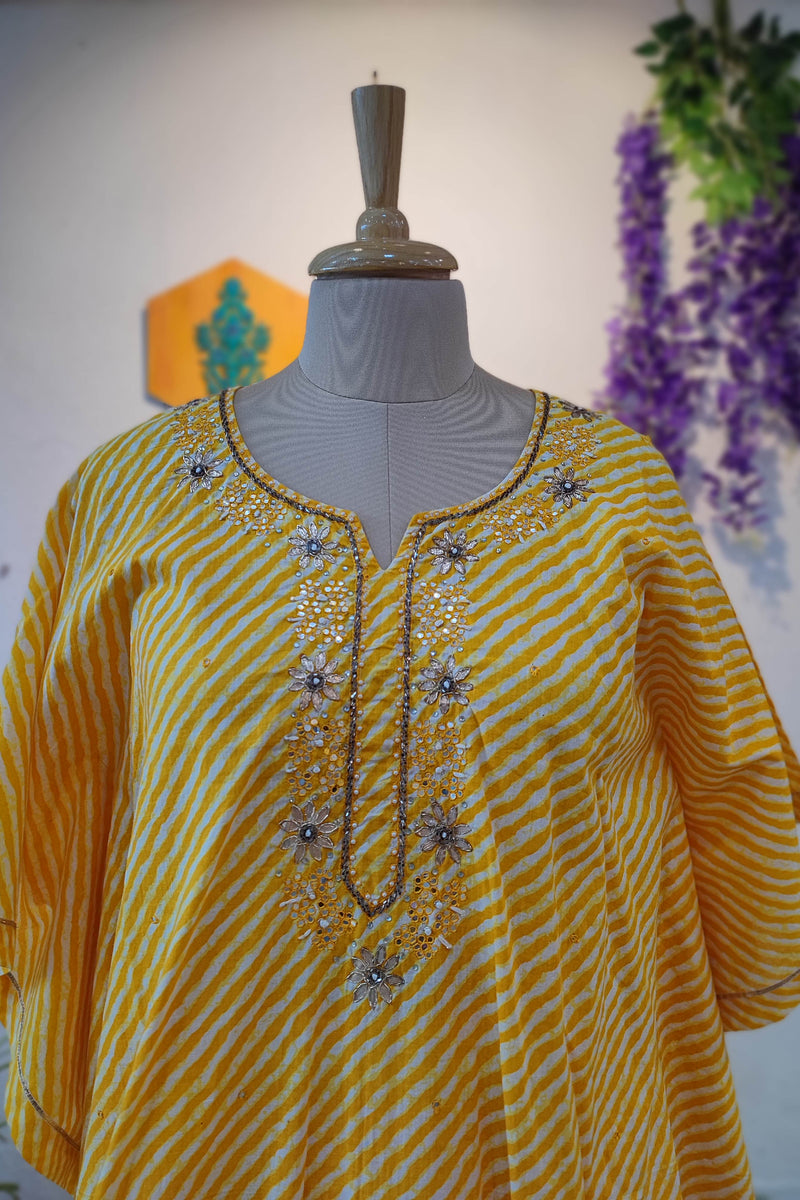 Mustard Yellow Cotton kaftan Ready Suit with Lehariya Print & Embroidery