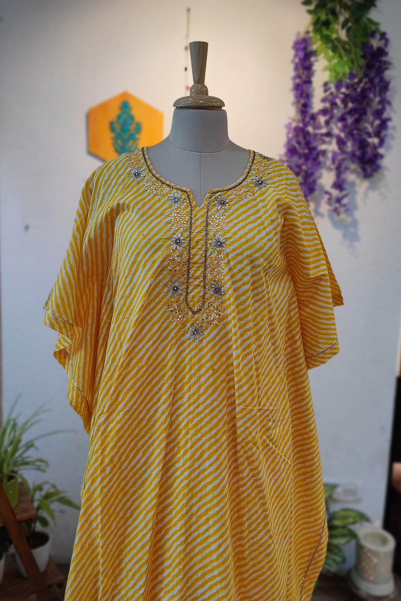 Mustard Yellow Cotton kaftan Ready Suit with Lehariya Print & Embroidery