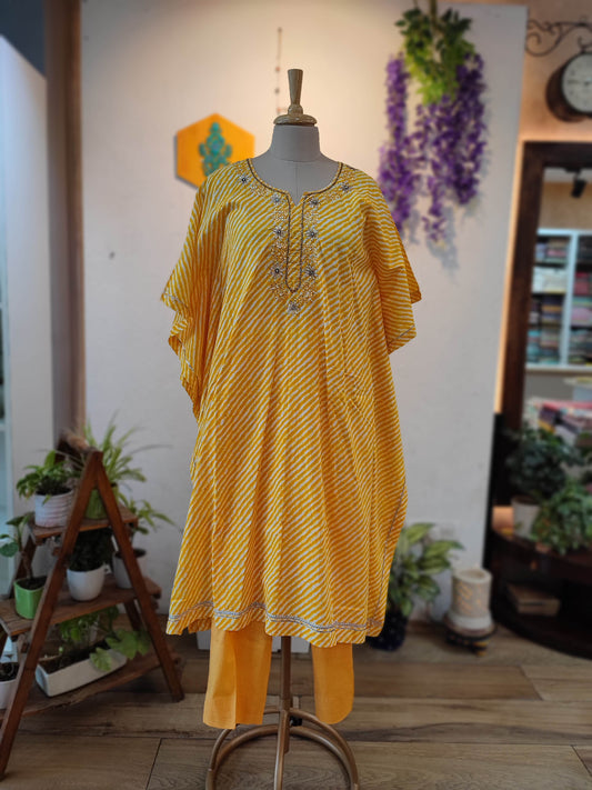 Mustard Yellow Cotton kaftan Ready Suit with Lehariya Print & Embroidery