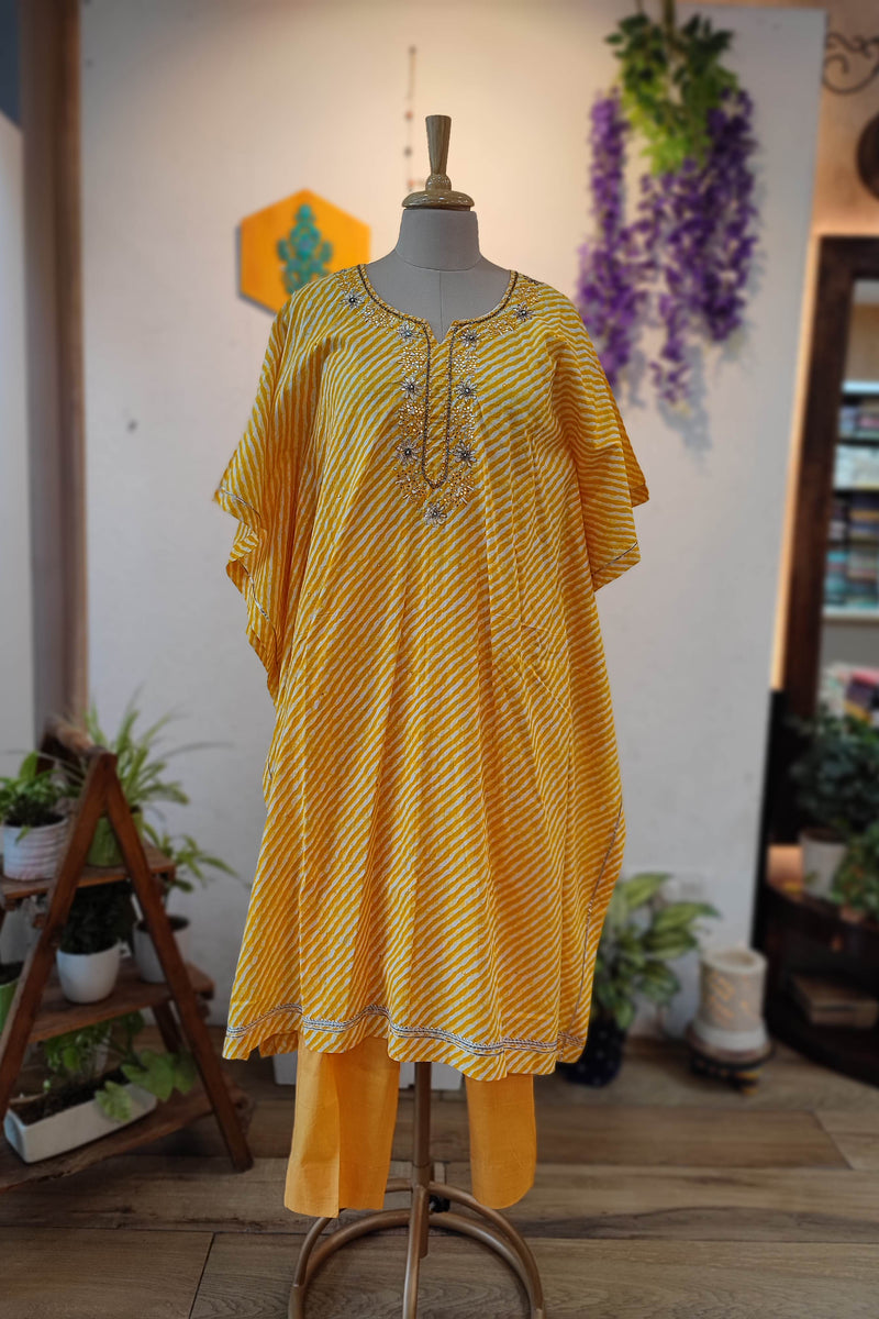 Mustard Yellow Cotton kaftan Ready Suit with Lehariya Print & Embroidery