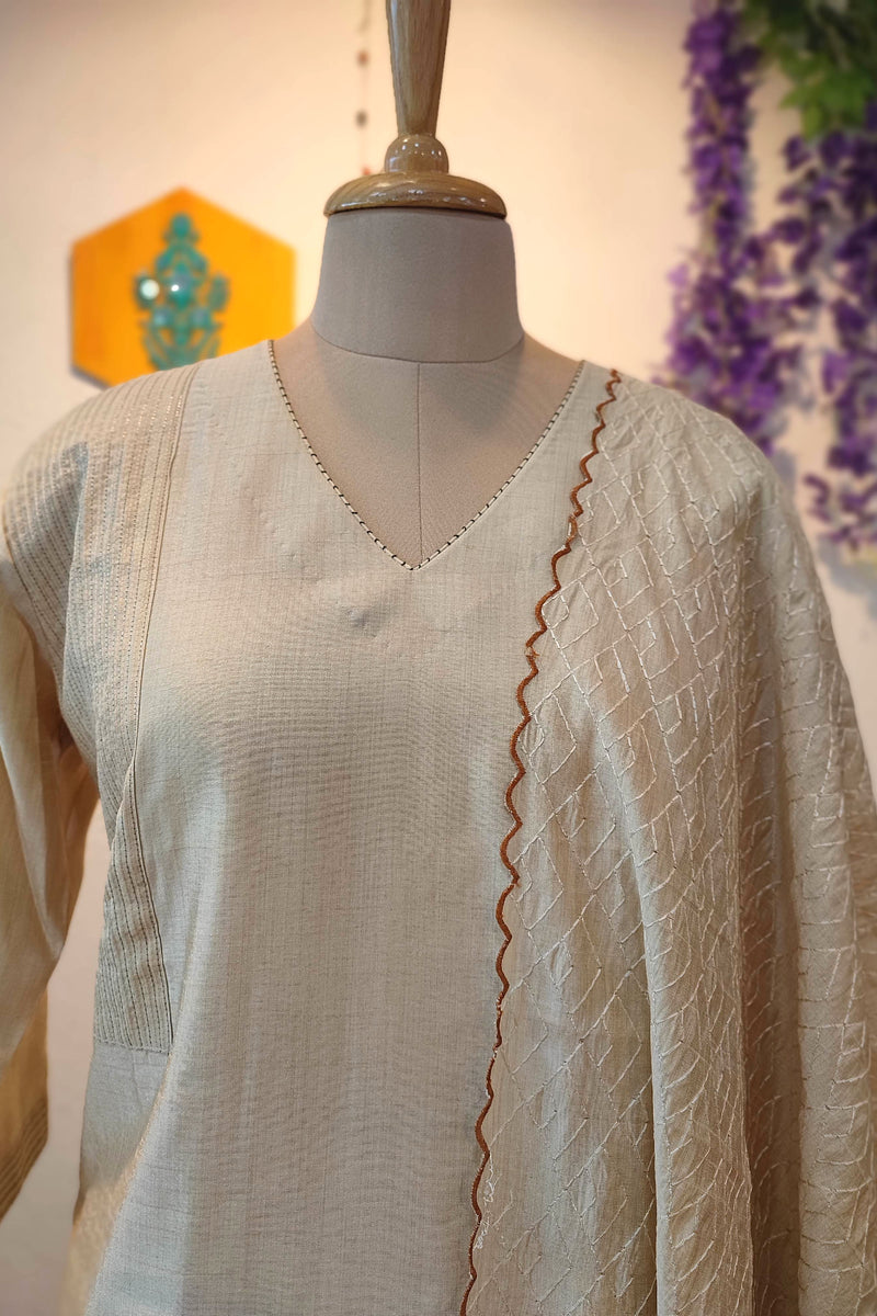 Mul Chanderi Ready-Made Suit Set for Women with Leaf Motif Embroidery & Textured Dupatta (Ivory Cream)