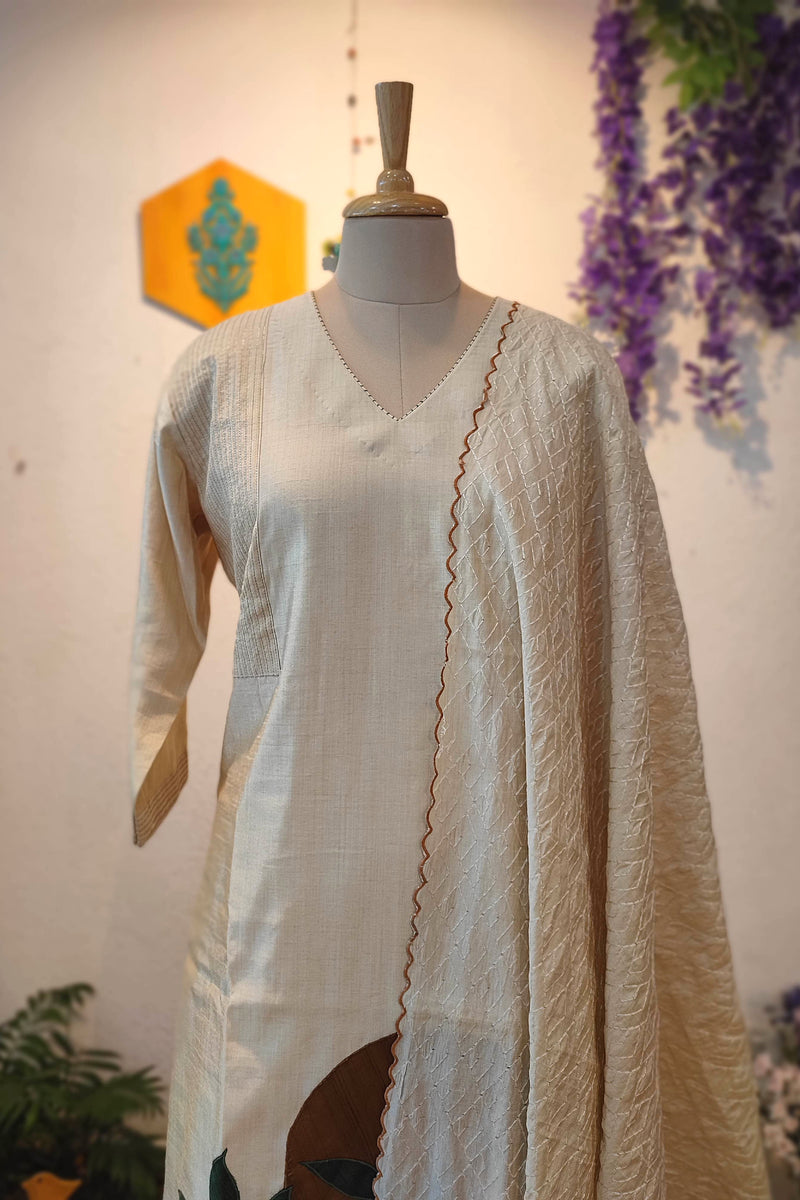 Mul Chanderi Ready-Made Suit Set for Women with Leaf Motif Embroidery & Textured Dupatta (Ivory Cream)