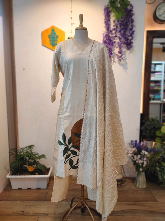 Mul Chanderi Ready-Made Suit Set for Women with Leaf Motif Embroidery & Textured Dupatta (Ivory Cream)