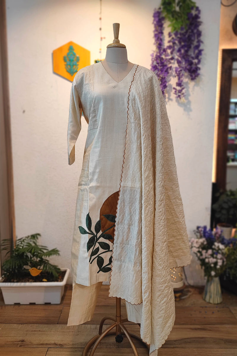 Mul Chanderi Ready-Made Suit Set for Women with Leaf Motif Embroidery & Textured Dupatta (Ivory Cream)
