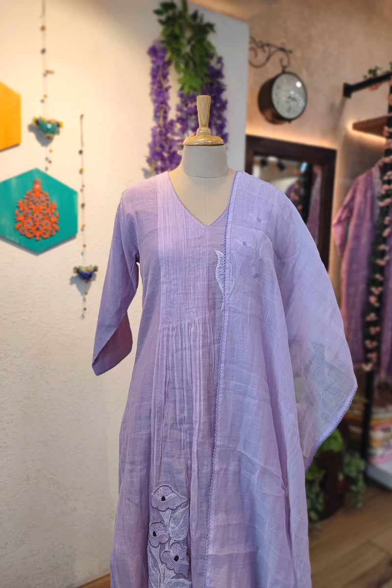 Mul Chanderi Ready-Made Suit Set for Women with Hand Embroidery & Dupatta (Lavender Purple)