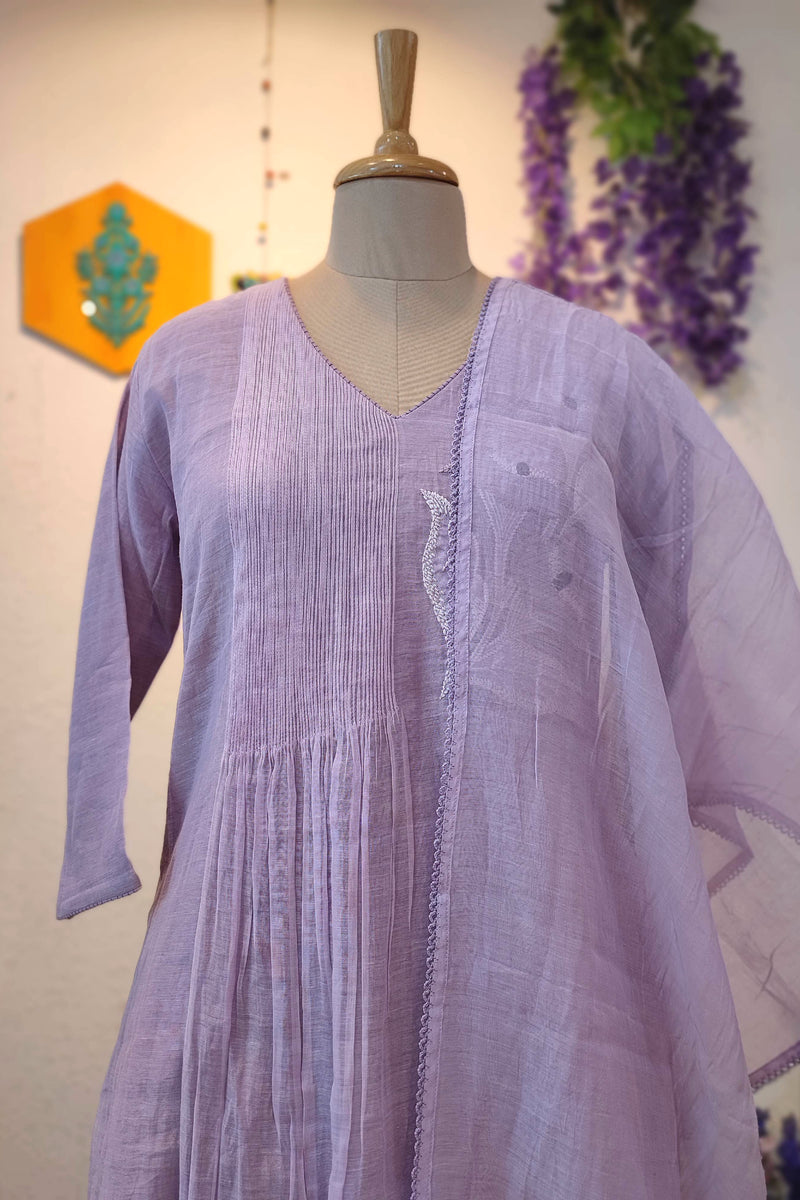 Mul Chanderi Ready-Made Suit Set for Women with Hand Embroidery & Dupatta (Lavender Purple)