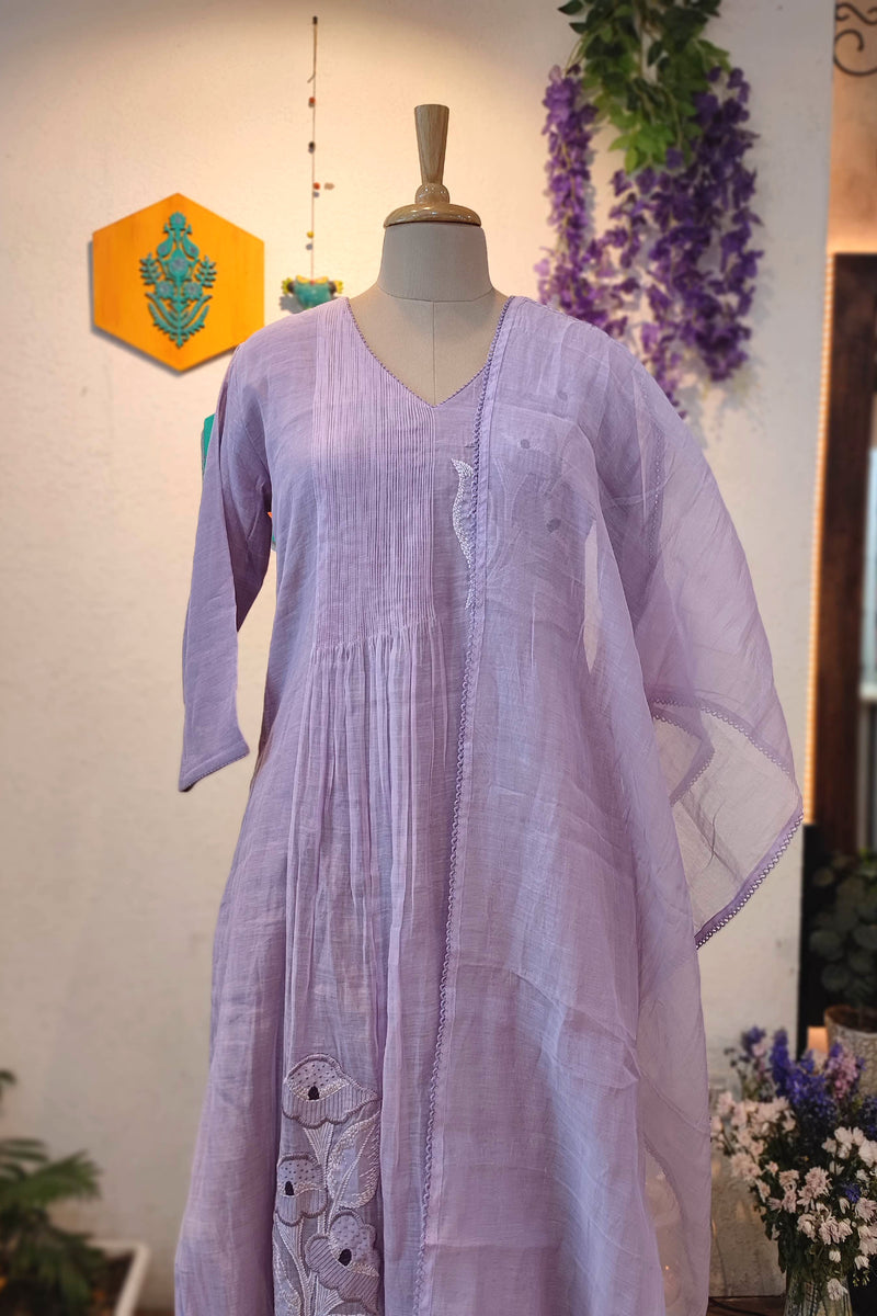Mul Chanderi Ready-Made Suit Set for Women with Hand Embroidery & Dupatta (Lavender Purple)