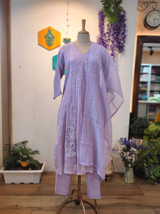 Mul Chanderi Ready-Made Suit Set for Women with Hand Embroidery & Dupatta (Lavender Purple)
