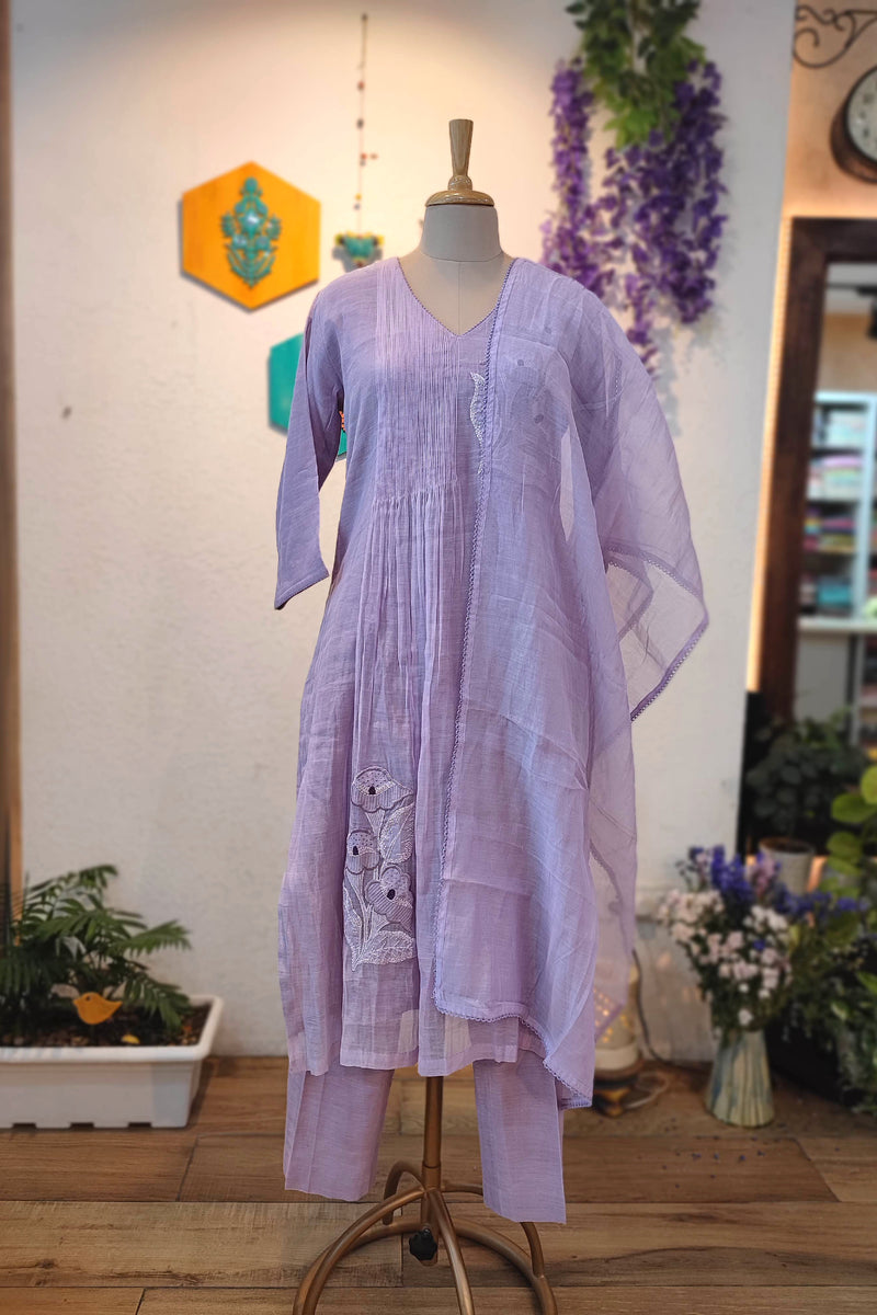 Mul Chanderi Ready-Made Suit Set for Women with Hand Embroidery & Dupatta (Lavender Purple)