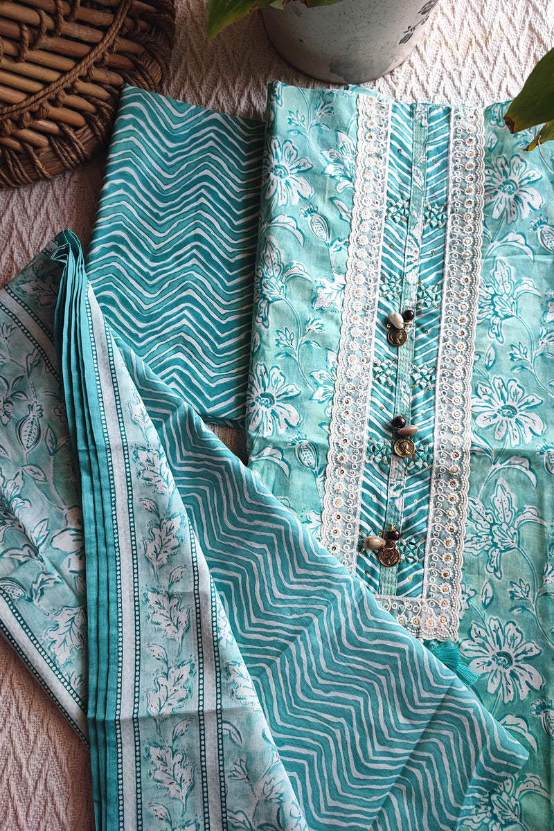 Turquoise Cotton Unstitched Suit Material with Lace Neck Detailing & Printed Dupatta