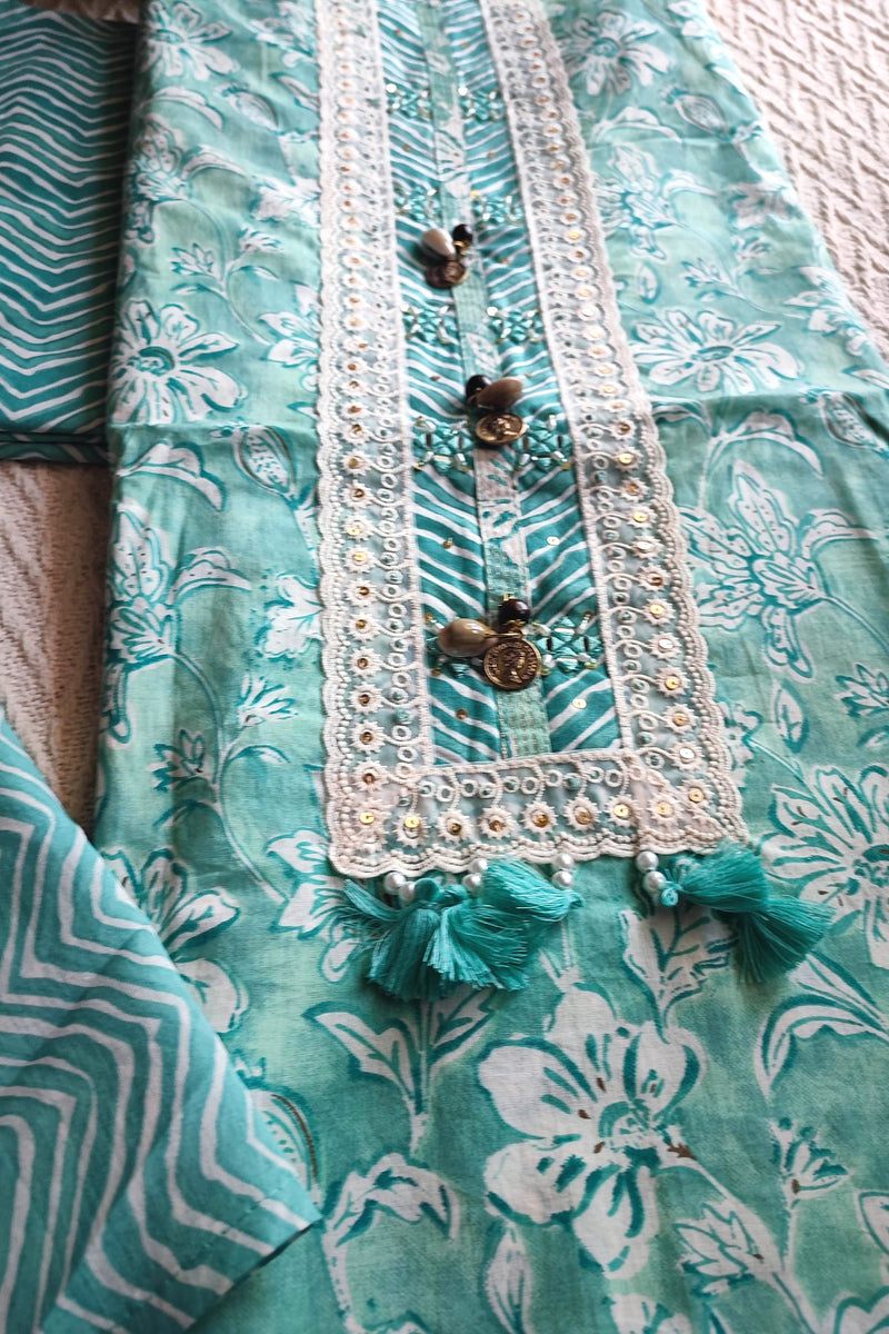 Turquoise Cotton Unstitched Suit Material with Lace Neck Detailing & Printed Dupatta