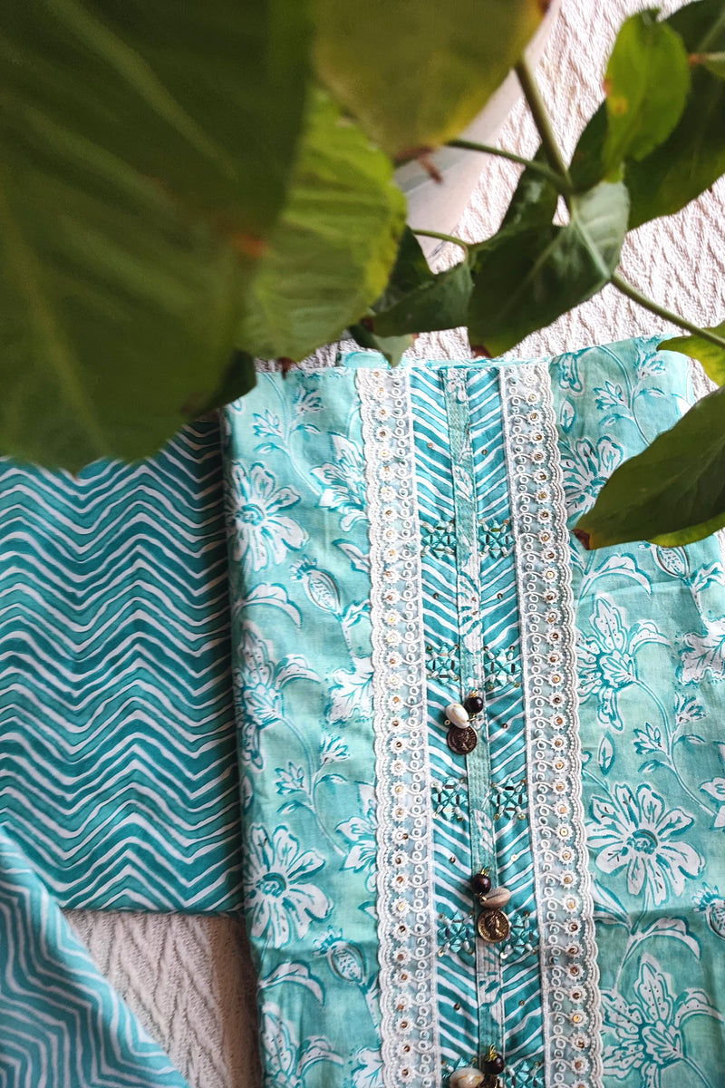 Turquoise Cotton Unstitched Suit Material with Lace Neck Detailing & Printed Dupatta