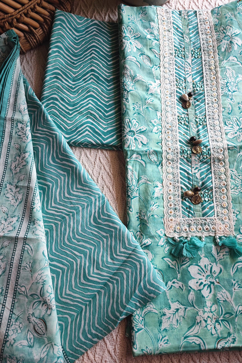 Turquoise Cotton Unstitched Suit Material with Lace Neck Detailing & Printed Dupatta