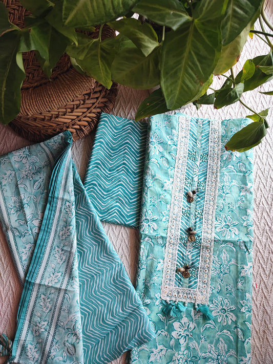 Turquoise Cotton Unstitched Suit Material with Lace Neck Detailing & Printed Dupatta