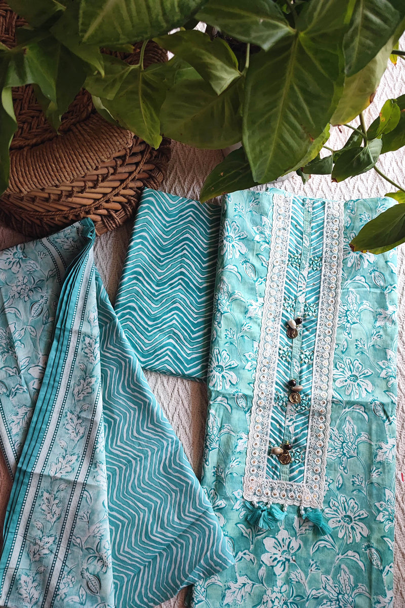 Turquoise Cotton Unstitched Suit Material with Lace Neck Detailing & Printed Dupatta