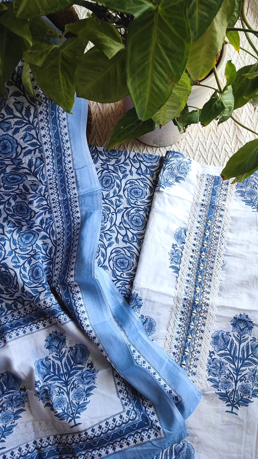 White & Indigo Blue Cotton Unstitched Suit Material with Floral Print & Detailed Border Dupatta
