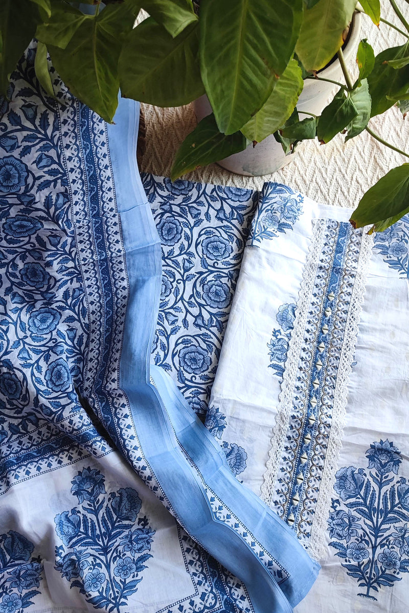 White & Indigo Blue Cotton Unstitched Suit Material with Floral Print & Detailed Border Dupatta