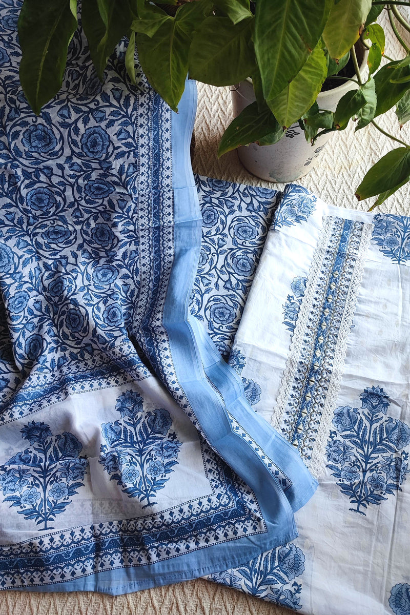 White & Indigo Blue Cotton Unstitched Suit Material with Floral Print & Detailed Border Dupatta