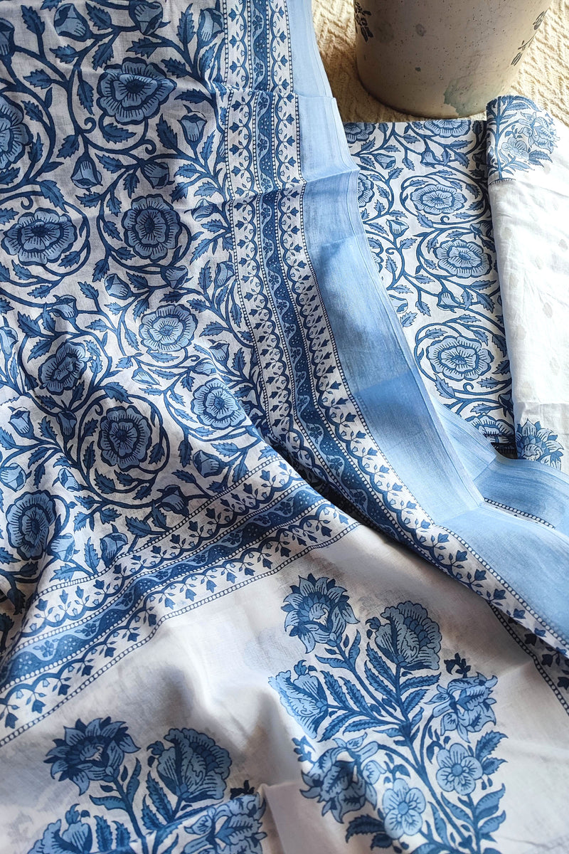 White & Indigo Blue Cotton Unstitched Suit Material with Floral Print & Detailed Border Dupatta