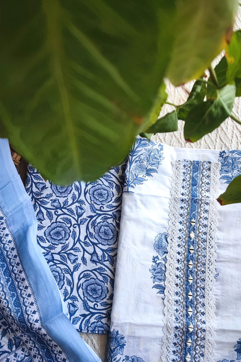 White & Indigo Blue Cotton Unstitched Suit Material with Floral Print & Detailed Border Dupatta
