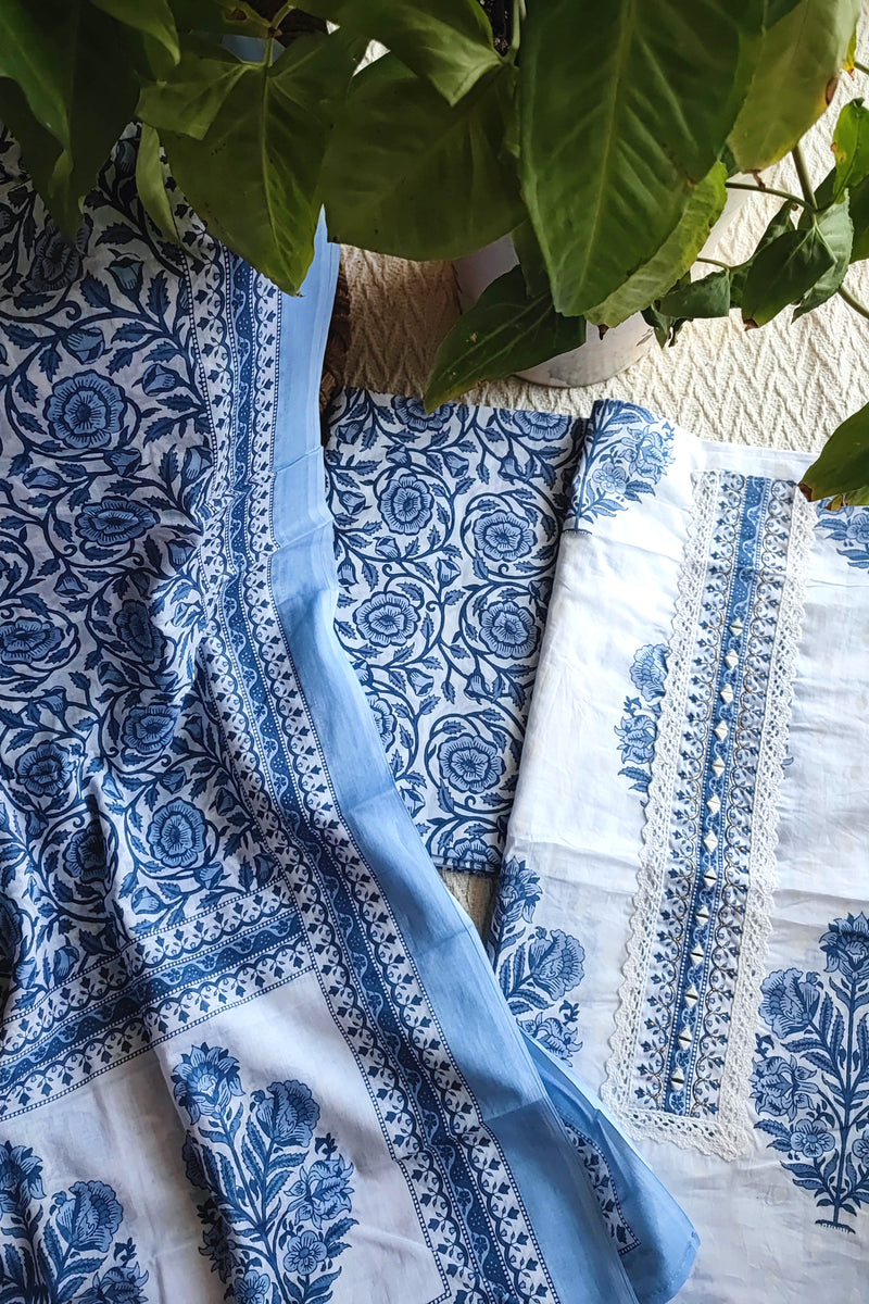 White & Indigo Blue Cotton Unstitched Suit Material with Floral Print & Detailed Border Dupatta