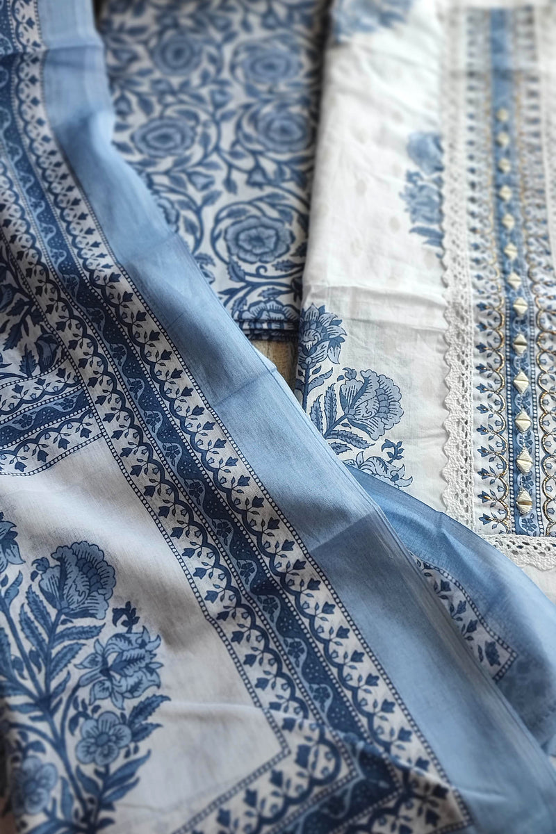 White & Indigo Blue Cotton Unstitched Suit Material with Floral Print & Detailed Border Dupatta