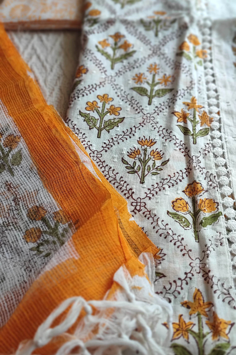 White & Mustard Yellow Cotton Unstitched Suit Material with Floral Print & Contrast Dupatta