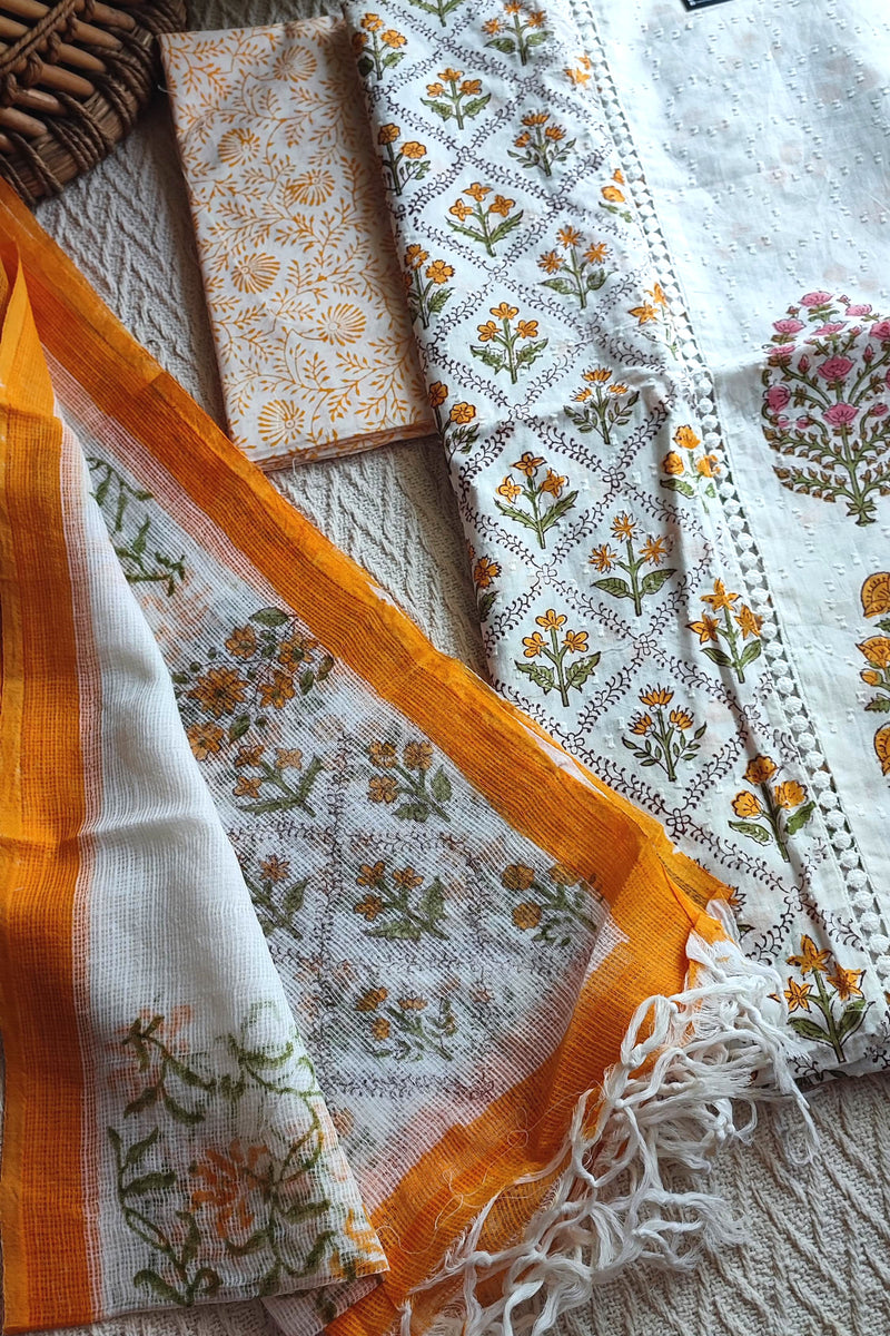 White & Mustard Yellow Cotton Unstitched Suit Material with Floral Print & Contrast Dupatta
