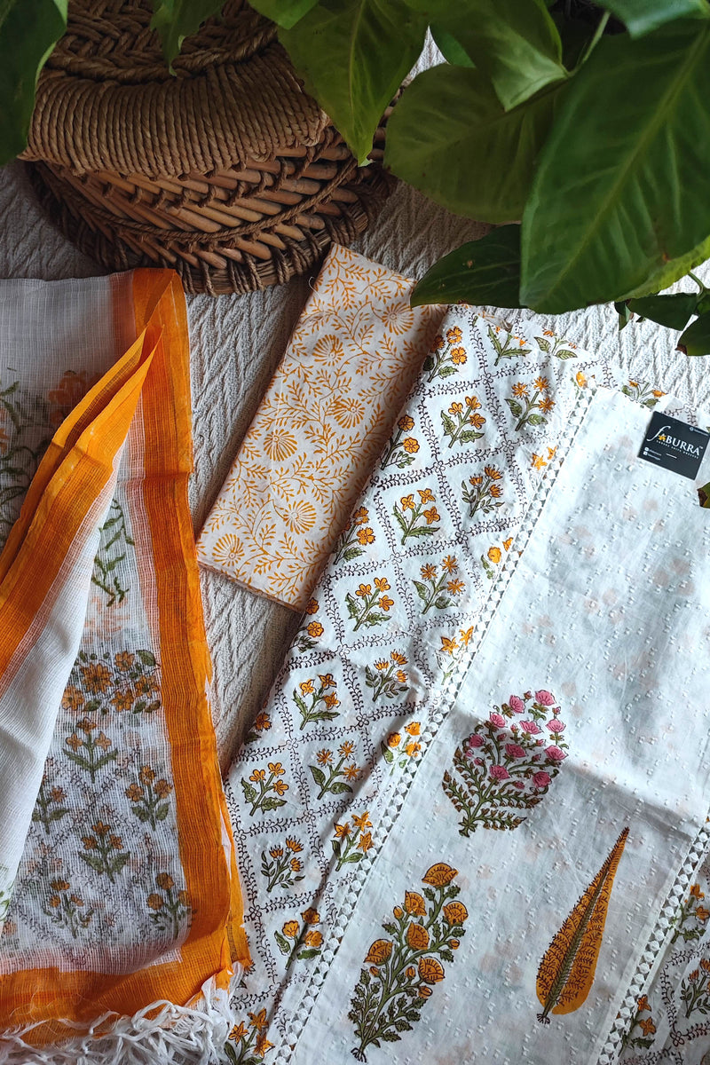 White & Mustard Yellow Cotton Unstitched Suit Material with Floral Print & Contrast Dupatta