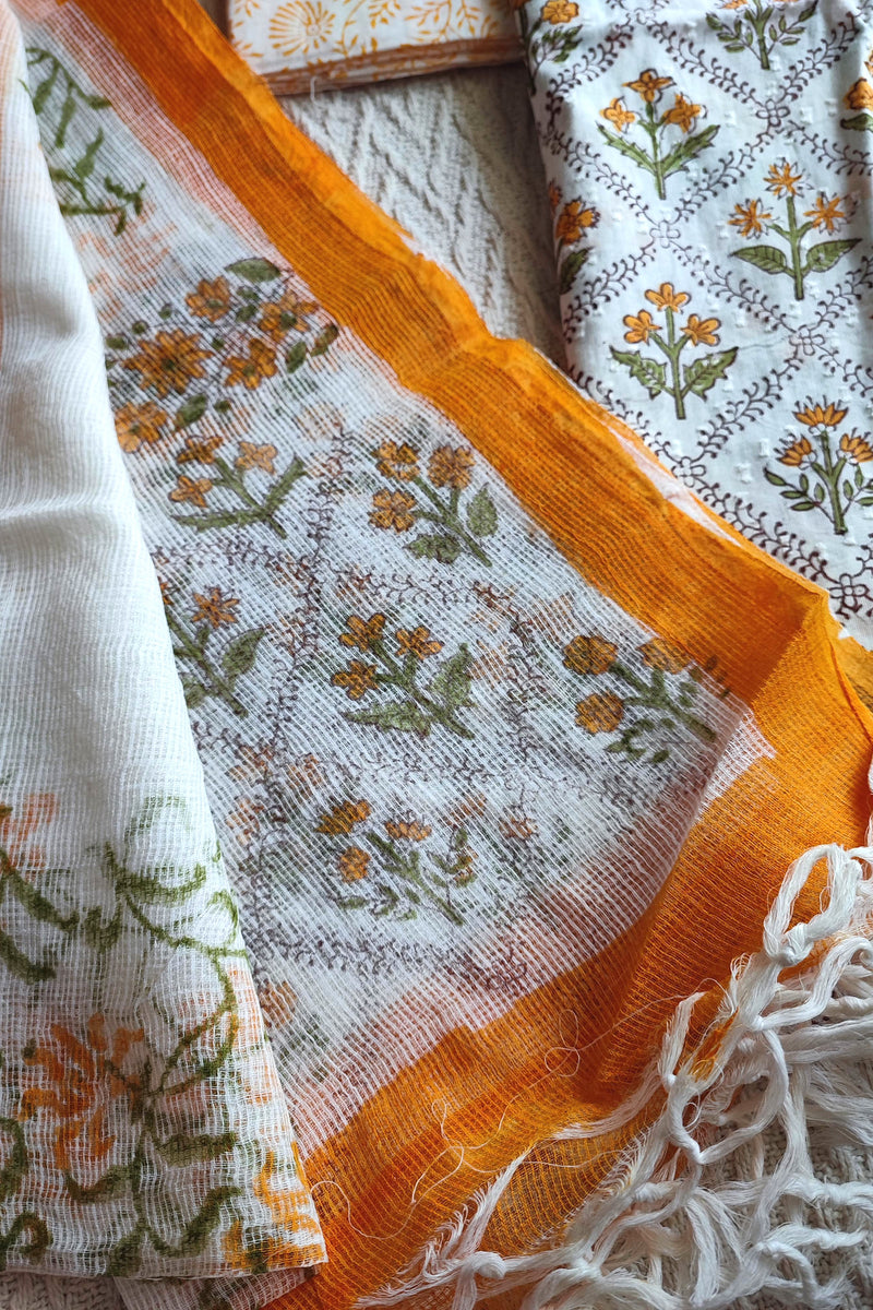 White & Mustard Yellow Cotton Unstitched Suit Material with Floral Print & Contrast Dupatta