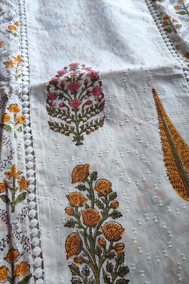 White & Mustard Yellow Cotton Unstitched Suit Material with Floral Print & Contrast Dupatta