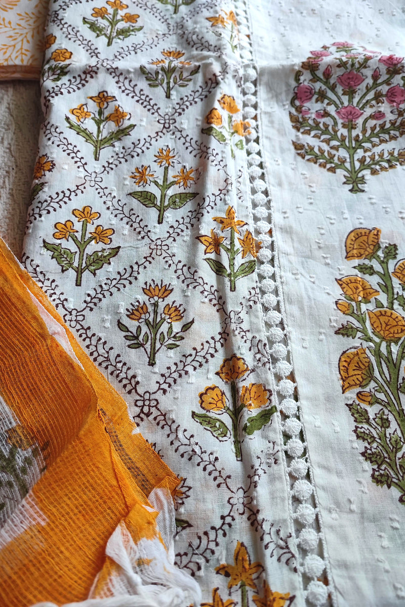 White & Mustard Yellow Cotton Unstitched Suit Material with Floral Print & Contrast Dupatta
