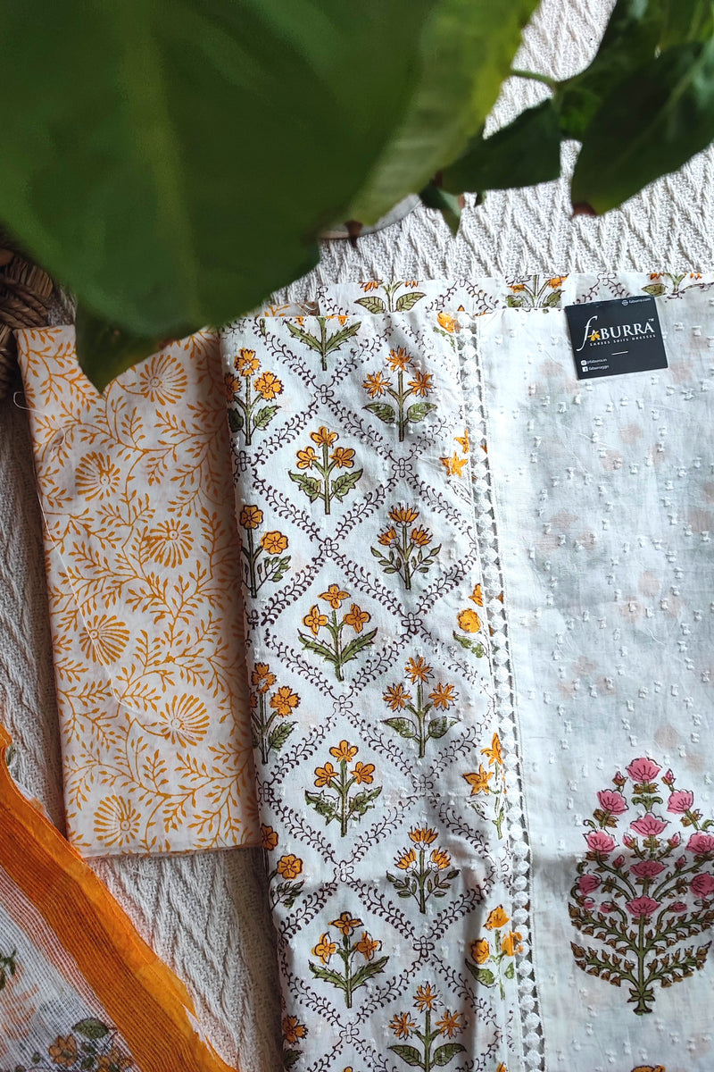 White & Mustard Yellow Cotton Unstitched Suit Material with Floral Print & Contrast Dupatta