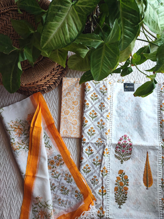 White & Mustard Yellow Cotton Unstitched Suit Material with Floral Print & Contrast Dupatta