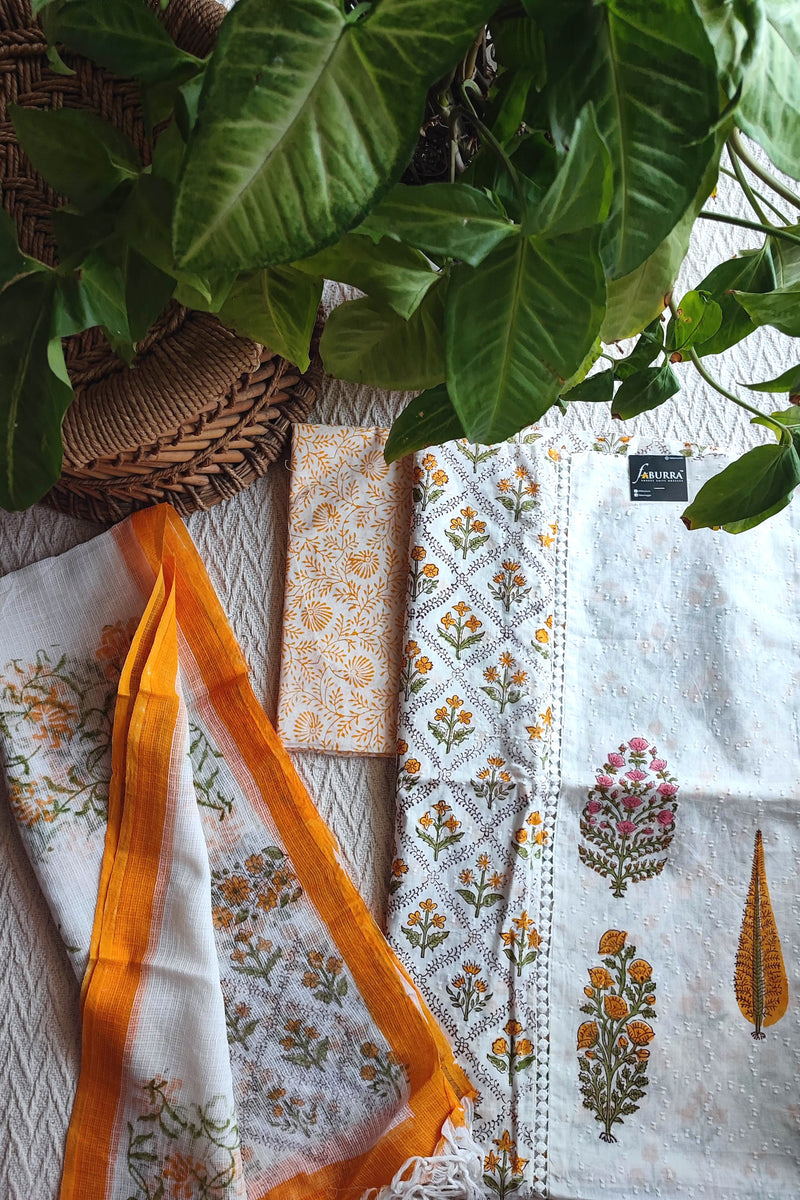White & Mustard Yellow Cotton Unstitched Suit Material with Floral Print & Contrast Dupatta