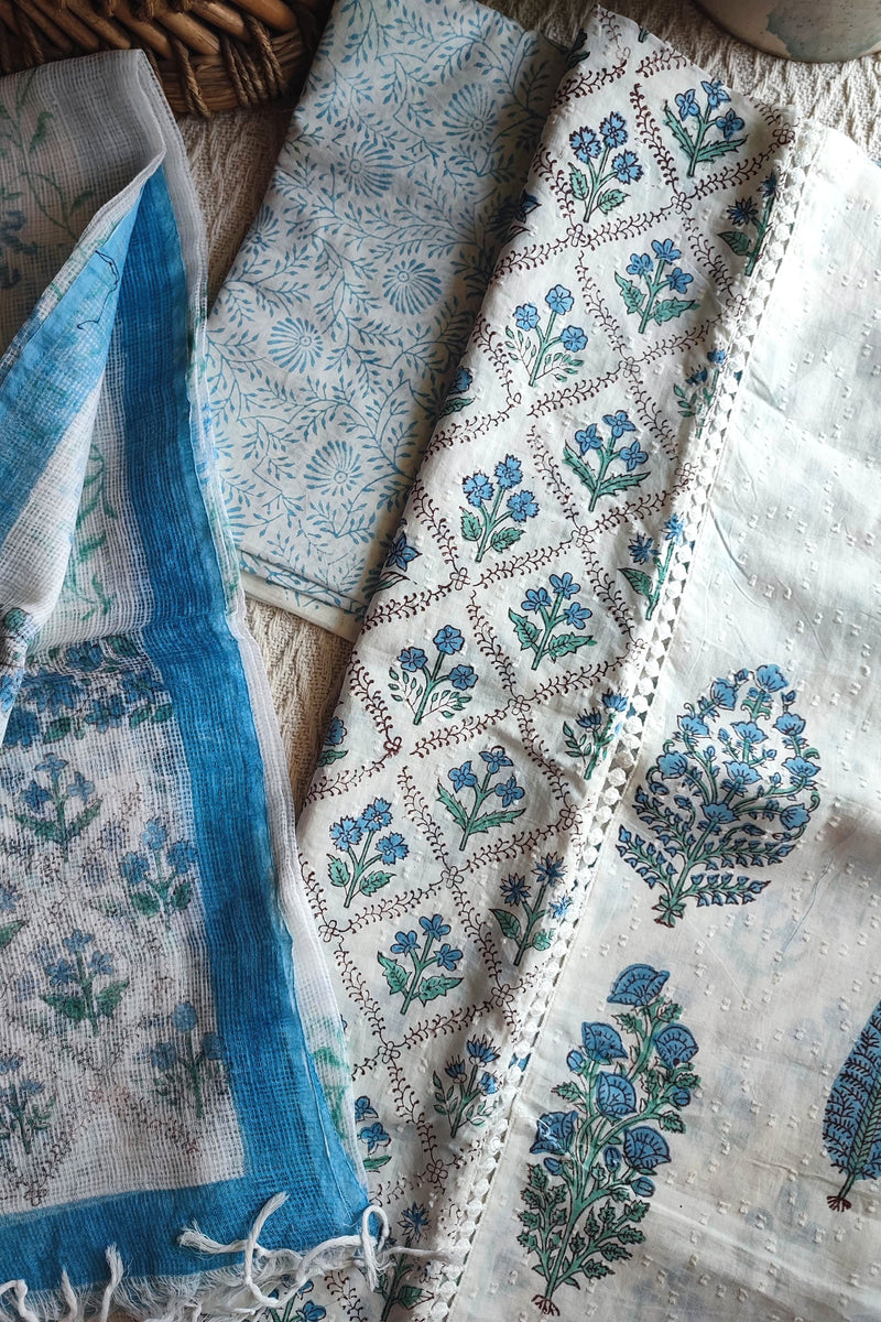 White & Sky Blue Cotton Unstitched Suit Material with Floral Buta Print & Soft Dupatta