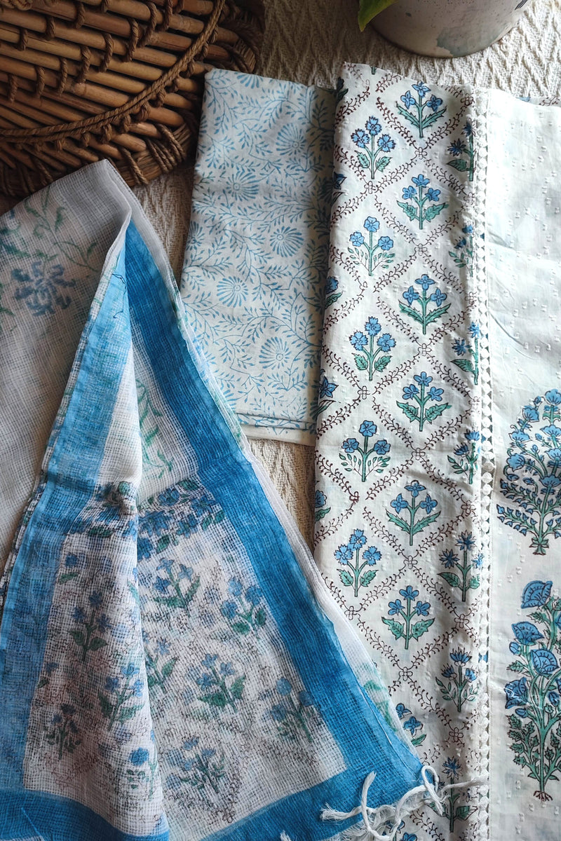 White & Sky Blue Cotton Unstitched Suit Material with Floral Buta Print & Soft Dupatta