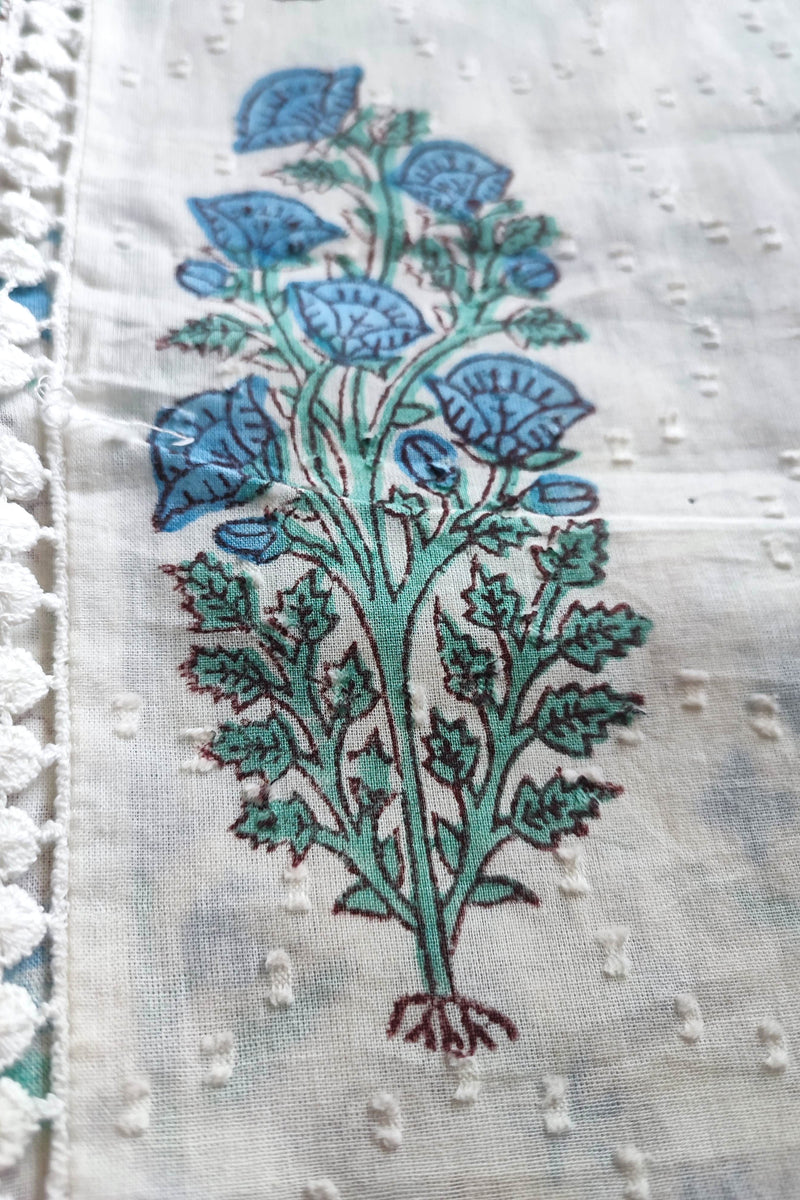 White & Sky Blue Cotton Unstitched Suit Material with Floral Buta Print & Soft Dupatta