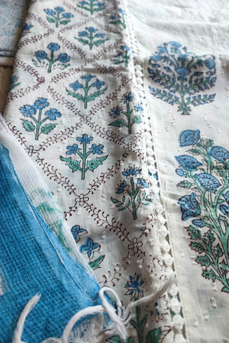 White & Sky Blue Cotton Unstitched Suit Material with Floral Buta Print & Soft Dupatta