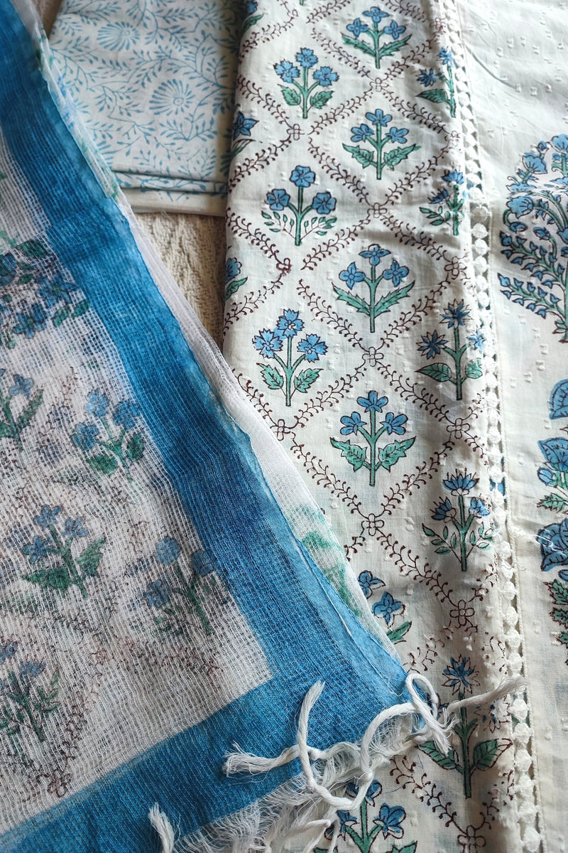 White & Sky Blue Cotton Unstitched Suit Material with Floral Buta Print & Soft Dupatta
