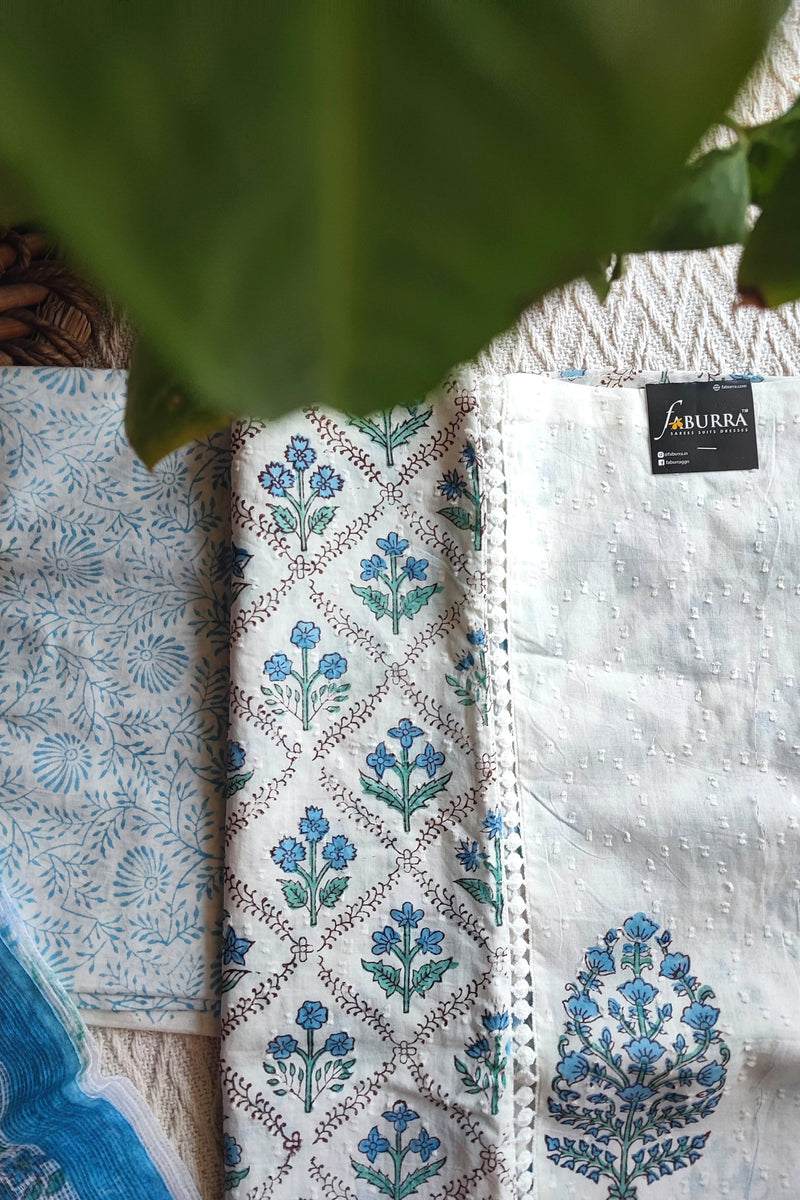 White & Sky Blue Cotton Unstitched Suit Material with Floral Buta Print & Soft Dupatta