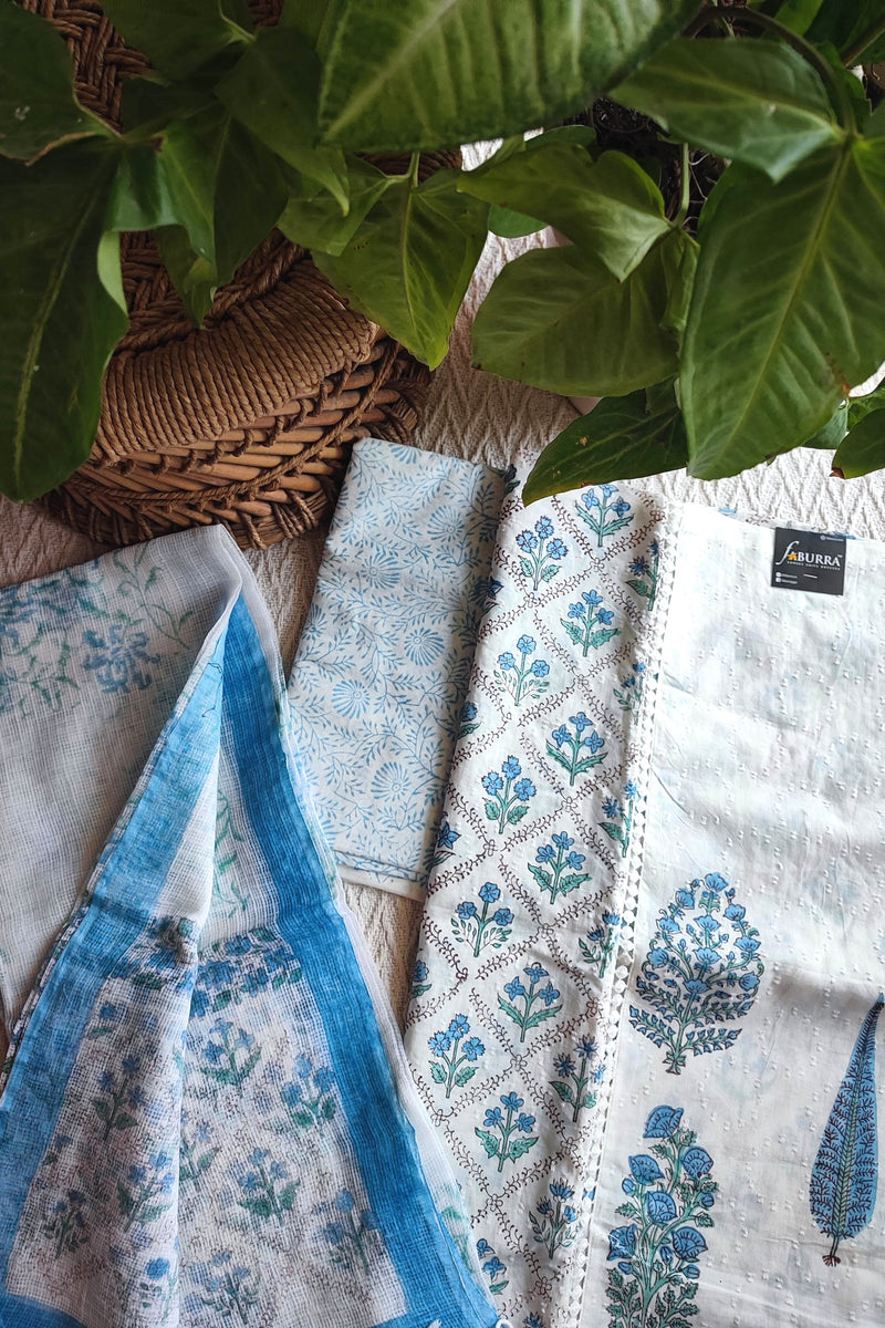 White & Sky Blue Cotton Unstitched Suit Material with Floral Buta Print & Soft Dupatta