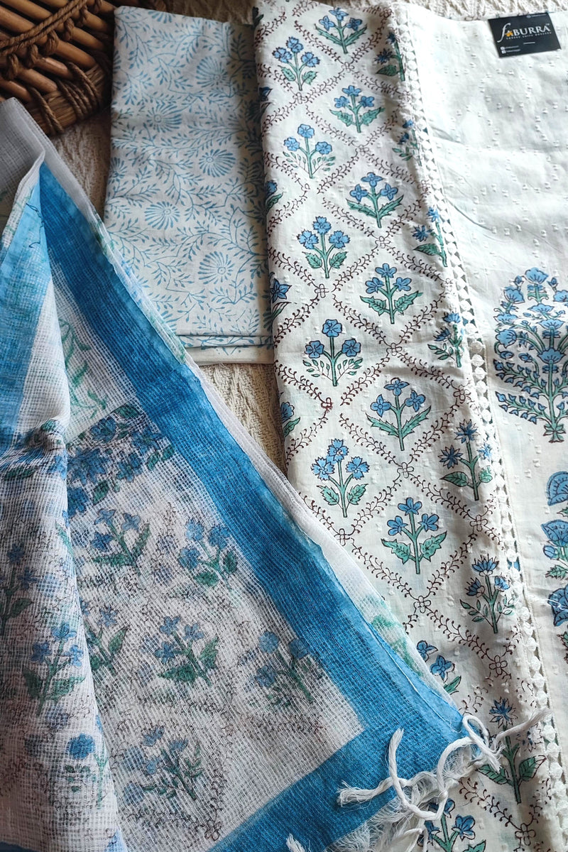 White & Sky Blue Cotton Unstitched Suit Material with Floral Buta Print & Soft Dupatta