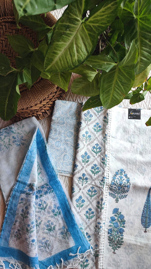 White & Sky Blue Cotton Unstitched Suit Material with Floral Buta Print & Soft Dupatta